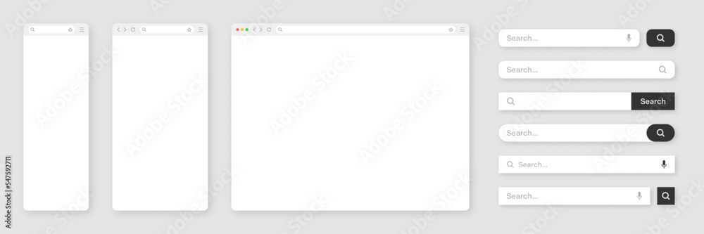Poster blank internet browser window with various search bar templates. web site engine with search box, ad