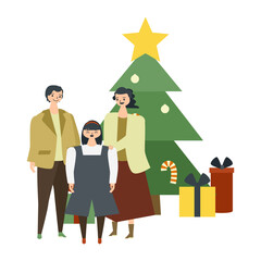 クリスマスツリーの前に立つ家族のイラスト