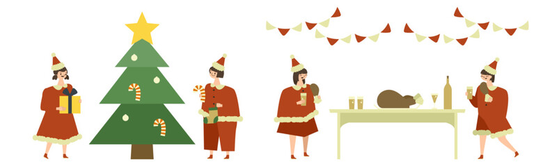 Obraz premium クリスマスパーティをする子供たちのイラスト