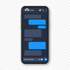 Realistic smartphone with messaging app. Blank SMS text frame. Conversation chat screen with blue message bubbles. Social media application. Vector illustration.
