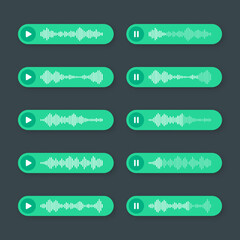 Fototapeta premium Voice, audio message, green speech bubble. SMS text frame. Social media chat or messaging app conversation. Voice assistant, recorder. Sound wave pattern. Dark mode. Vector illustration