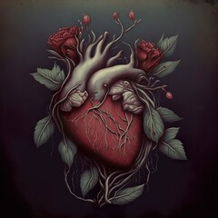Anatomical Heart and Flowers (generative ai) - obrazy, fototapety, plakaty