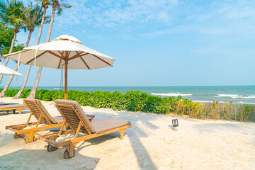 umbrella with beach chair and ocean sea background