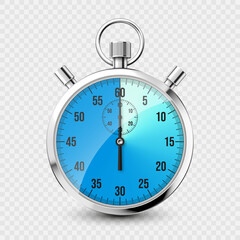 Realistic classic stopwatch icon. Shiny metal chronometer, time counter with dial. Blue countdown timer showing minutes and seconds. Time measurement for sport, start and finish. Vector illustration