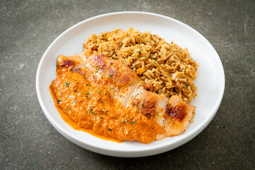 grilled chicken steak with red curry sauce and rice
