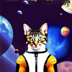 Naklejka premium A cat in a spacesuit in open space against the background of stars and planets.