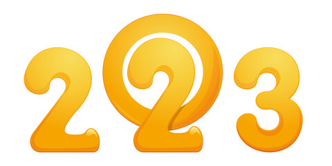 2023 Stylized inscription. Number written in yellow cartoon letters for decorating New Years flyers and cards. 2023 happy New Year symbol design. Vector illustration