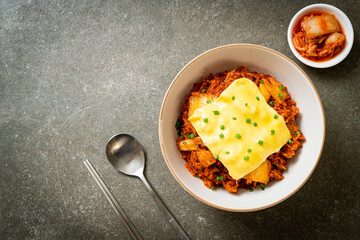 kimchi fried rice with pork and topped cheese