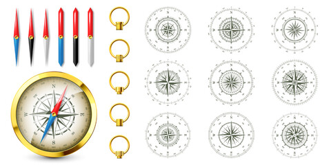 Realistic golden vintage compass with marine wind rose and cardinal directions of North, East, South, West. Shiny metal navigational compass. Cartography and navigation. Vector illustration
