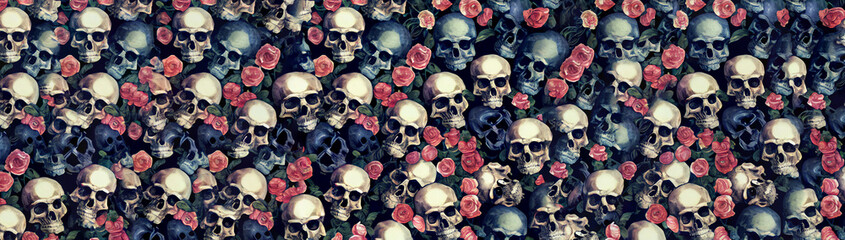 Colorful ditsy pattern of skulls and flowers, fabric pattern