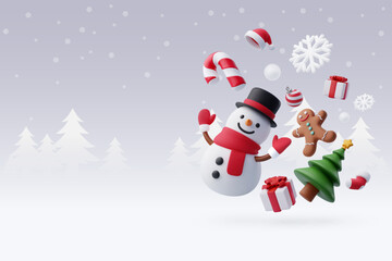 Snowman and cookie celebrate new year party with Christmas tree, Merry Christmas and happy new year greeting concept.