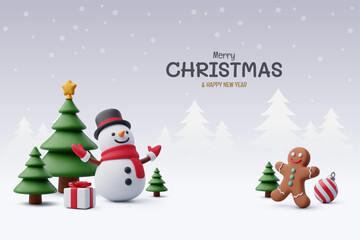 Fototapeta na wymiar Snowman and cookie celebrate new year party with Christmas tree, Merry Christmas and happy new year greeting concept.