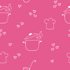 saucepan and steam with hearts, chefs hat, ladle seamless pattern hand drawn in doodle style.