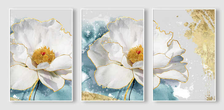 A set of three abstract background of minimalism. Golden birds, fish, butterfly pattern. The fashion of modern art wall