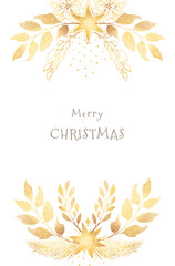 Watercolor hand drawn frame with shiny gold Christmas decoration elements, balls, yellow stars, snowy spruce branches, winter berries isolated on white background. New year illustration, greeting card