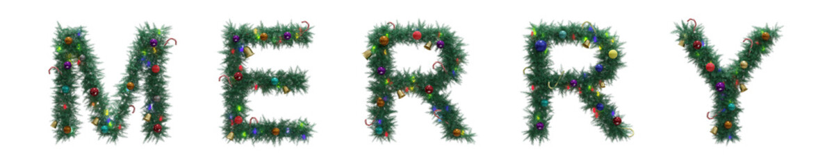 MERRY text from Christmas tree twigs with decorations on white background. Christmas alphabet. Letters from Christmas tree branches with decorations. 3d illustration