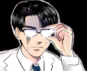 怪しみ目を光らせ何かを見つめ震える白衣姿の黒髪メガネドクターのカラー漫画イラスト