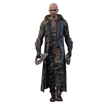 Brooding warrior epic fantasy man in a long jacket, 3D Illustration, 3D Rendering