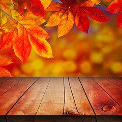 Naklejka na ściany i meble Fall Background with brown wood for product, falling yellow autumn leaves and grass with sun beams