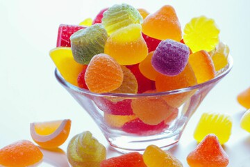 Glass of colorful jelly candy on white background