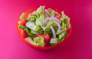 Fresh Vegetable Salad in red bowl. Healthy organic salad with lettuce, tomatoes, onion and cucumbers