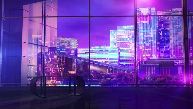Sci-fi background with office and city in lights, 3D render