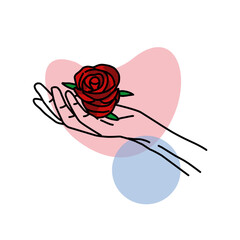 line art hand illustration with red rose bunga
