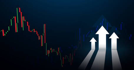 White arrows up with the Stock market trading graph. Candlestick graph. Vector illustration