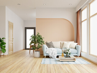 Nordic style interior with blue sofa and decoration minimal on two tone wall.