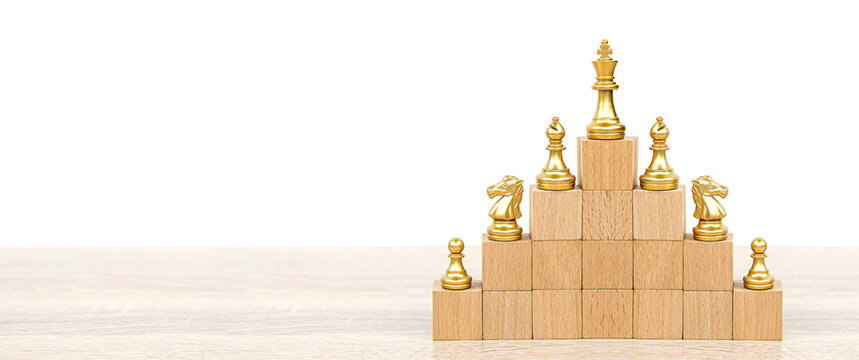 King chess pieces stand on pyramid concepts of challenge of leader business team or teamwork volunteer or wining and leadership strategic plan and risk management or team player.
