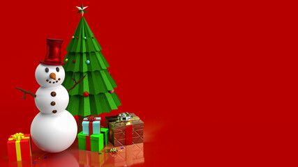 The snowman and Christmas tree on red background 3d rendering