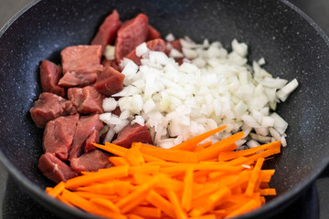 Close up shot of a beef, carrots and chopped onion in the pot. Meal