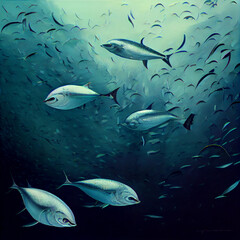 Schools of tuna underwater. Life and fishing.