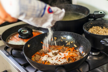 Close up shot of meal preparation. Food