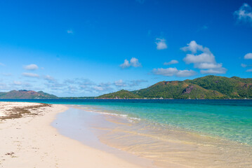 A view from Curieuse island on Praslin island in Seychelles