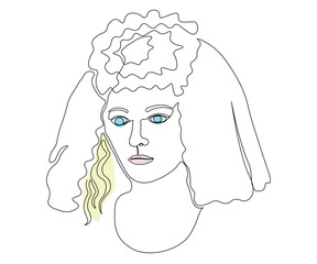 portrait of a bride in a veil hand-drawn, in the style of one line art, minimalism
