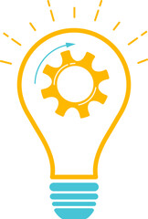 Lightbulb creative idea and brainstorm concept vector illustration. Innovation think process graphic with orange outline and blue silhouette bulb with light