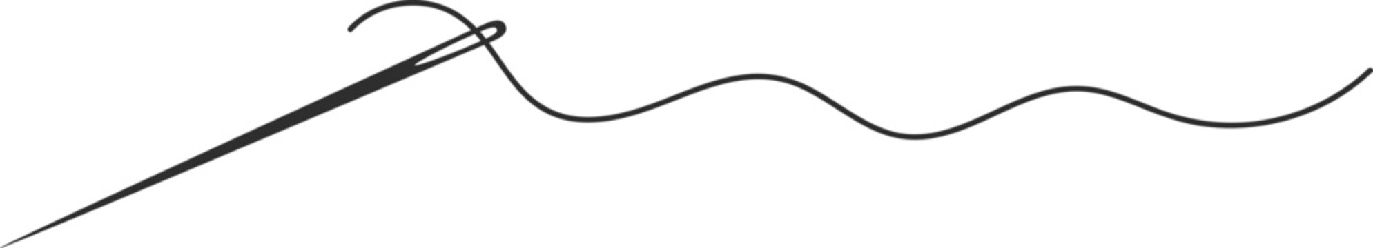 Needle and thread silhouette icon vector illustration. Tailor logo with needle symbol and curvy thread isolated on white background. Tailor sign template, sewing instrument design, fashion icon