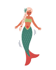 White hair black mermaid with green blue red tail, swimming mermaid. Cute Mermaid vector, for t shirt or children books.