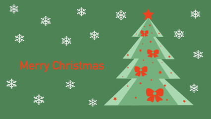 green Christmas card with Christmas tree and snowflakes