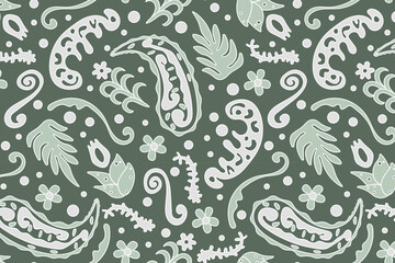 Seamless pattern based on an ornament with a Paisley bandana print in green colors, scarf around the neck, print on fabric, wallpaper