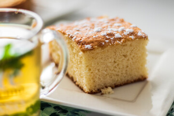 Close up shot of a baked cake. Food