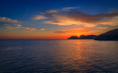 Sunset view onto the Mediterranean Sea in Manarola in Cinque Terre, Italy