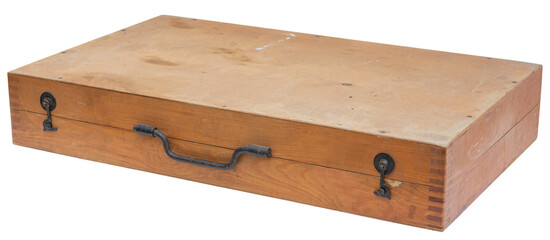 Vintage wooden box. Wooden case with metal handle and metal fasteners. isolated on a transparent background