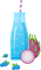 Healthy diet smoothie drink vector illustration. Glass bottle with straw, natural fruit and layered fresh cocktail in color isolated on white background for cafe smoothie banner