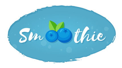 Isolated blueberry blue label smoothie fruit shake vector illustration. Hand drawn sign Smoothie on blue background in white frame on smoothies drink cocktail sticker for shop decoration design