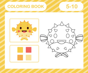 coloring book or page cartoon cute Puffer fish,education game for kids age 5 and 10 Year Old