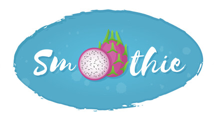 Isolated dragonfruit blue label smoothie fruit shake vector illustration. Hand drawn sign Smoothie on blue background in white frame on smoothies drink cocktail sticker for shop decoration design