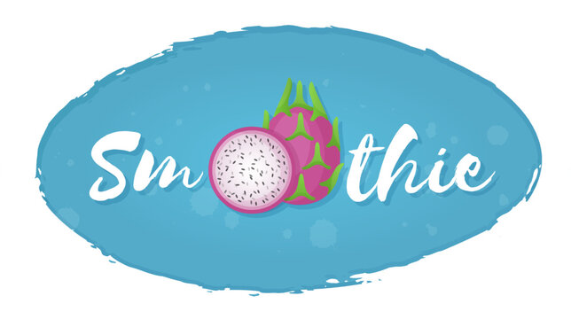 Isolated dragonfruit blue label smoothie fruit shake vector illustration. Hand drawn sign Smoothie on blue background in white frame on smoothies drink cocktail sticker for shop decoration design