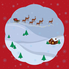 Fototapeta na wymiar Christmas and new year greeting card with Santa's carriage, deers and little house among snow hills vector illustration